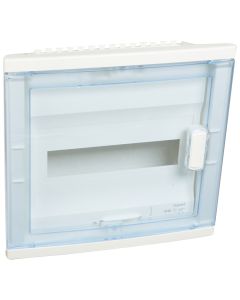 Coffret modulaire encastré 1 rangée 12+2 mod -porte isolante galbée transparente